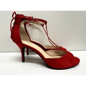 Nine West Grennan women size 11 M red faux suede T-strap heel buckle sandals